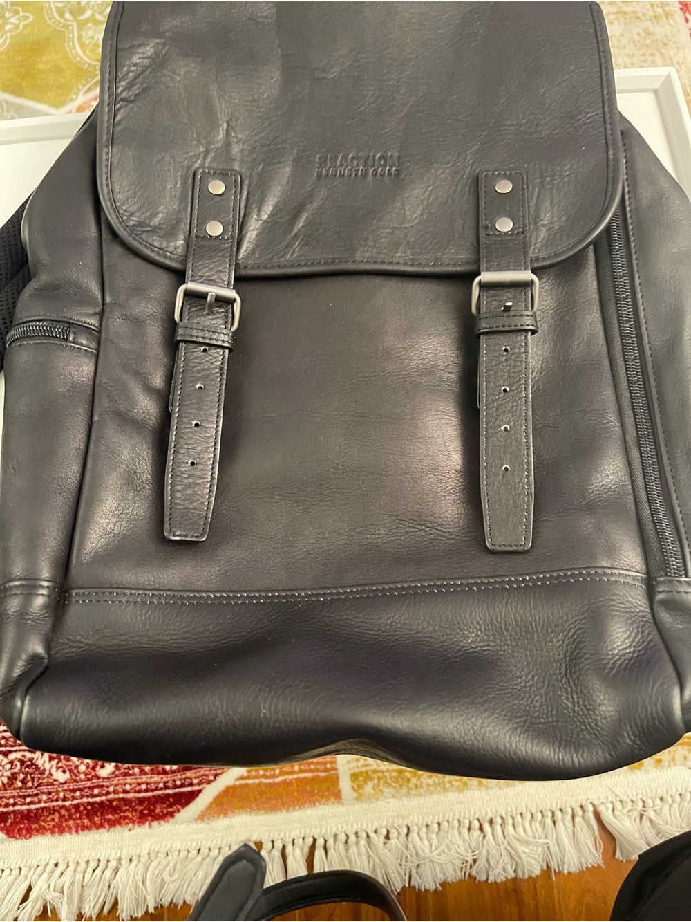 Kenneth Cole Reaction Black Leather Backpack with Buckle Pocket
